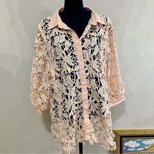 POL Oversized Pale Pink Lace Crochet Balloon Sleeve Button Up Size Large